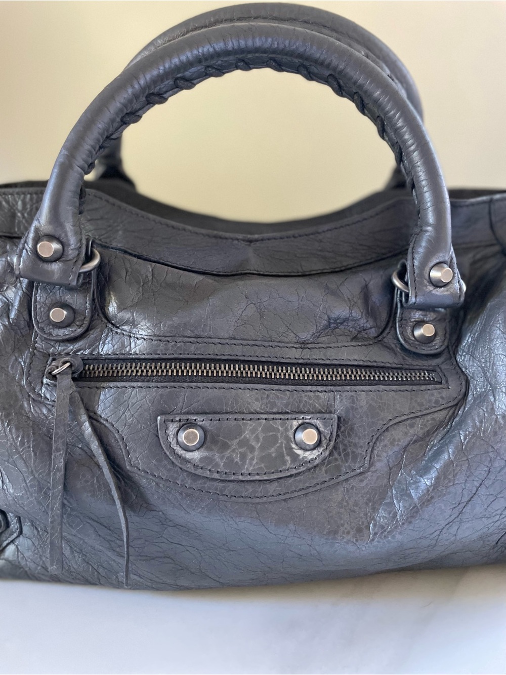 Authentic Balenciaga First Bag Gris Fossil Motorcycle Bag - Picture 9 of 11
